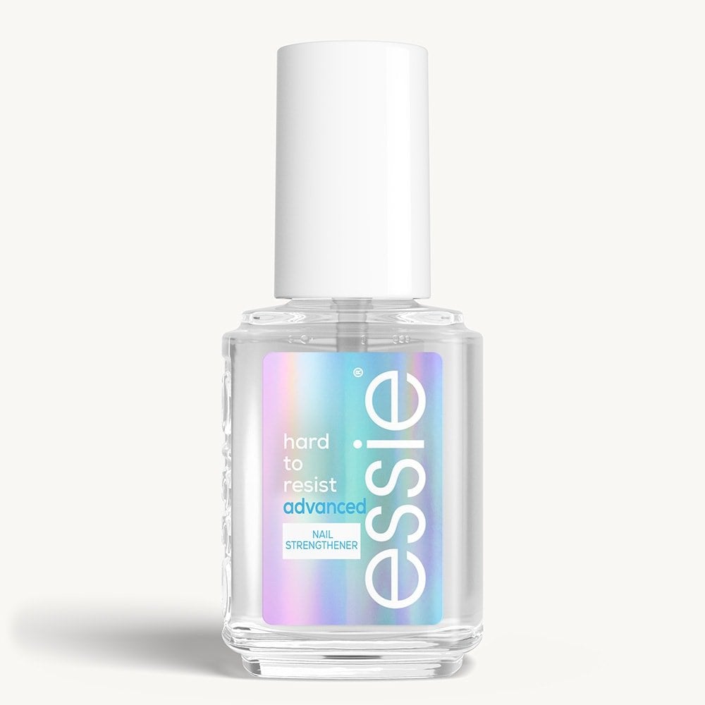 Sleek bottle of essie nail care 'Hard to Resist Advanced' nail treatment against a clean white background.