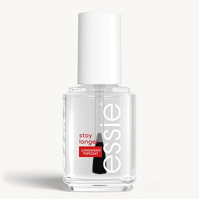 Clear bottle of 'stay longer' top coat against a white background