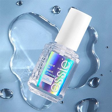 bottle of hard to resist by essie against a water droplet and blue background